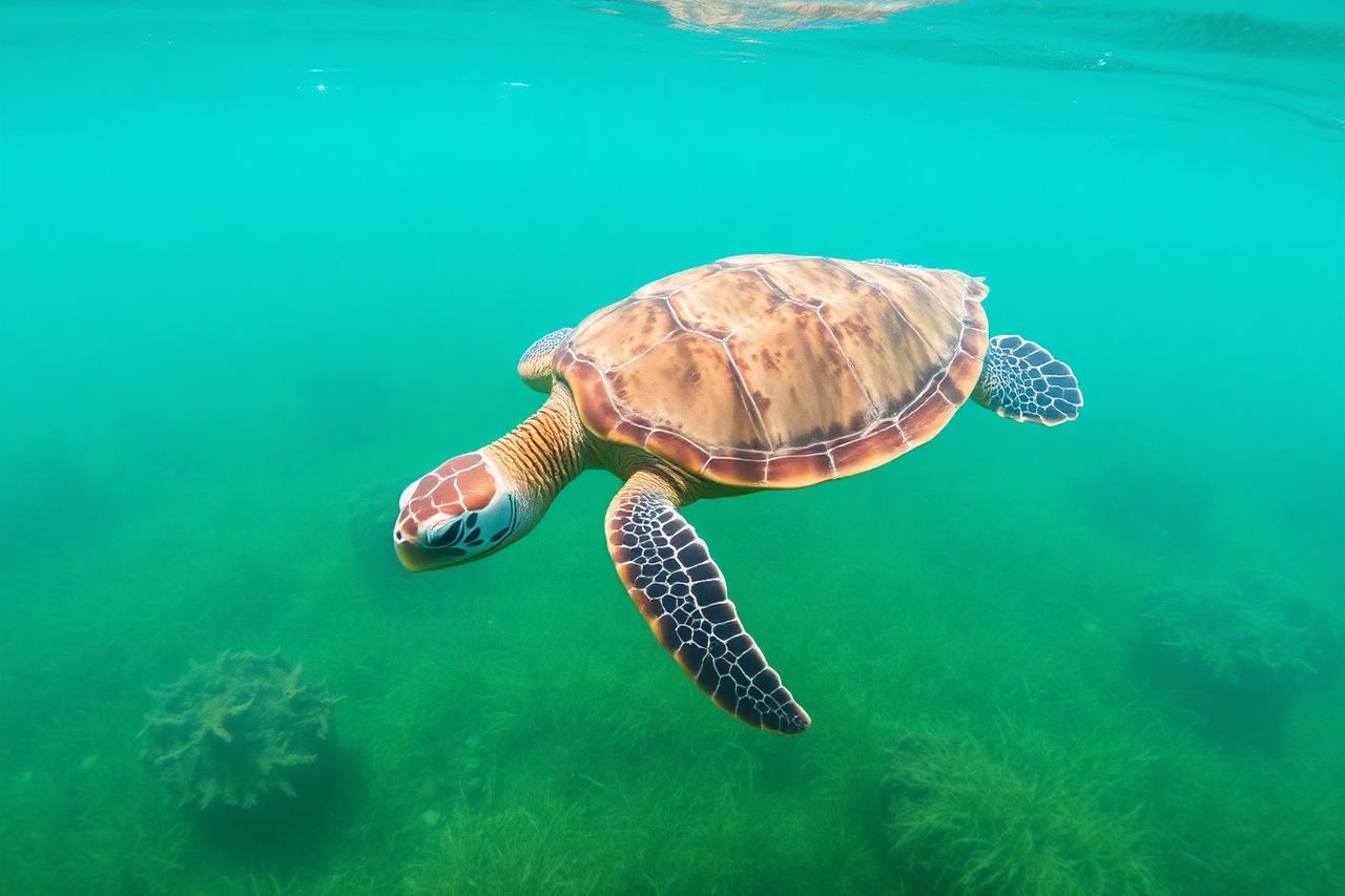 Green turtle swimming over seagrass in the Red Sea near Marsa Alam